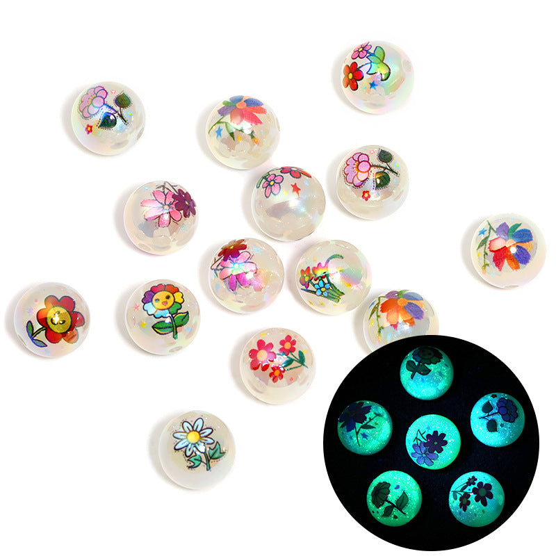 Wholesale 100pcs 16mm Luminous Printed Round Beads Acrylic Small Red Flower Beads